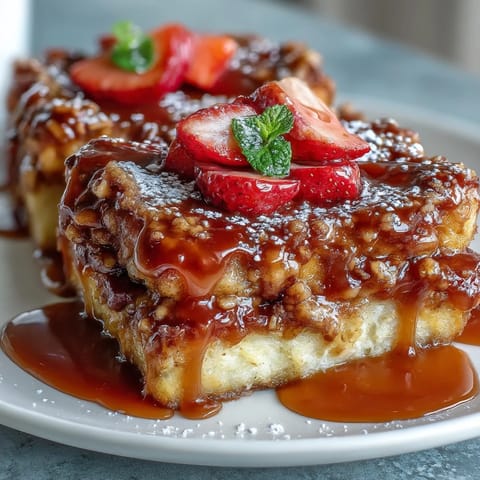 Spring Brunch Strawberry French Toast Bake with golden custard and fresh berries, baked until perfectly set and topped with cinnamon streusel.