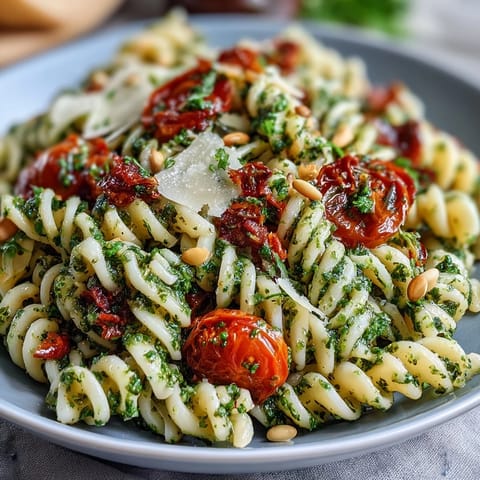 Colorful pasta salad featuring homemade pesto, juicy cherry tomatoes, and parmesan shavings, ideal for picnics or light lunches.