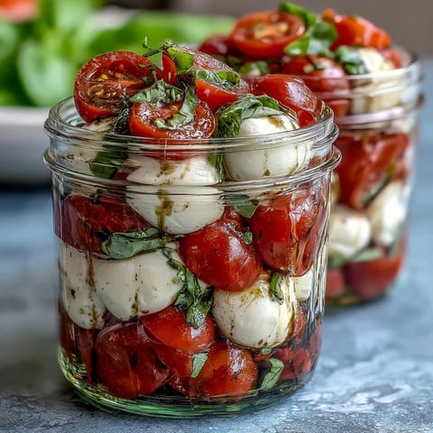 Vibrant mason jar Caprese salad with layers of cherry tomatoes, mozzarella, and fresh basil, ready for a picnic.  