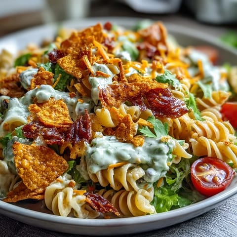Creamy avocado ranch coats taco pasta salad with Doritos, fresh veggies, and shredded cheese for bold flavor.  