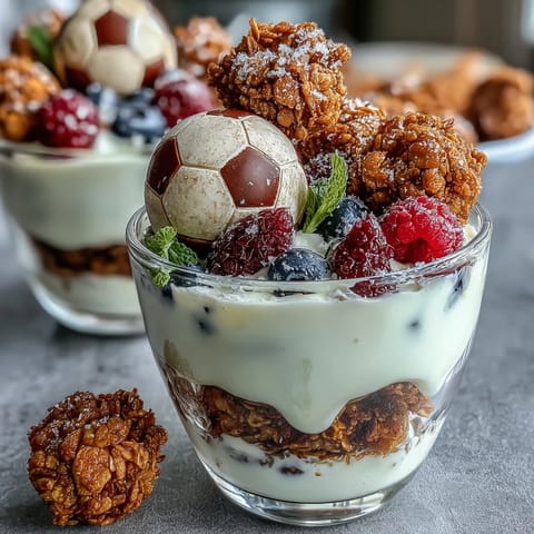 Nutritious Soccer Team Snack Cups with vanilla yogurt, fresh fruit, and granola, decorated with soccer ball toppers for a fun team treat.