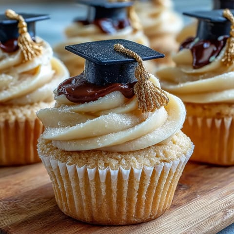 Decadent vanilla cupcakes featuring handmade black and gold graduation cap decorations.
