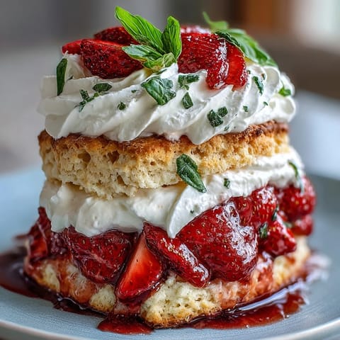 Golden Strawberry Basil Shortcake Biscuits piled high with fresh, juicy berries and cream.
