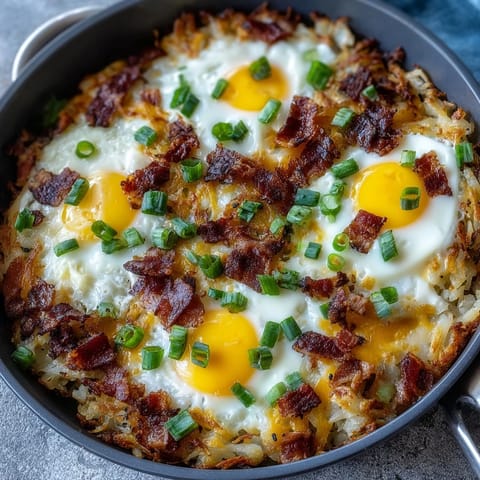 Hearty Father's Day Breakfast: Loaded Hash Brown Skillet, golden and delicious.