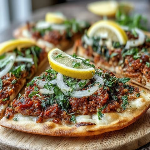 Delight in a rustic, thin-crust Turkish Lahmacun Pizza, hot from the oven.