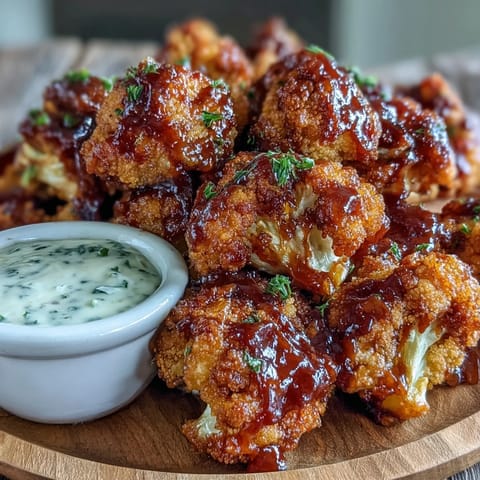Oven-baked BBQ cauliflower wings glistening, served alongside cool, creamy ranch.