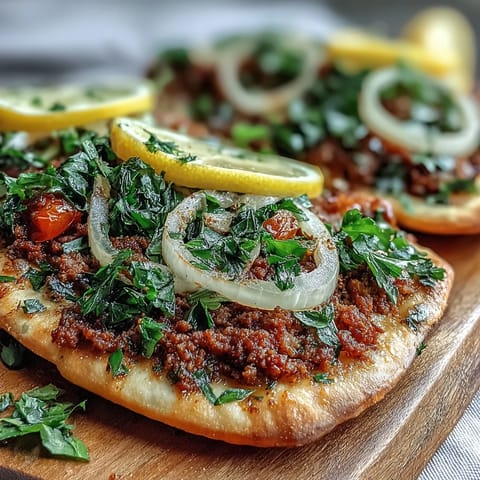 Crispy Turkish Lahmacun Pizza showcases savory lamb topping with vibrant sumac speckles.