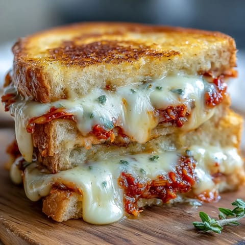 Kimchi grilled cheese fusion, golden brown and ooey-gooey, ready to be sliced.