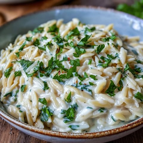 Creamy Garlic Parmesan Orzo coated in rich sauce, garnished with fresh parsley.