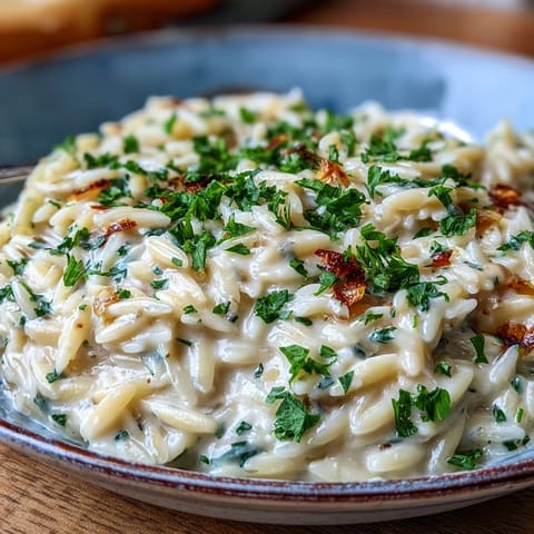 Tender orzo pasta dish, cooked with garlic and Parmesan, ready to serve.
