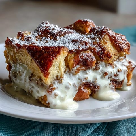 Golden brown Stale Croissant French Toast Casserole, baked to perfection.