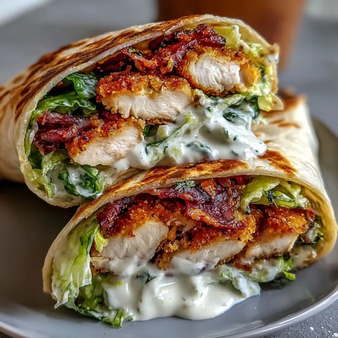 Golden crispy chicken Caesar wraps, packed with romaine and creamy dressing.