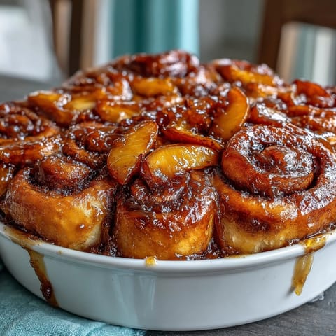 Gooey peach cobbler cinnamon roll casserole, bubbling in a dish, ready to serve.
