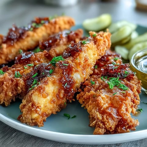 Crispy pickle brine fried chicken tenders, ready for your favorite dipping sauce.