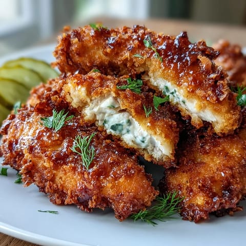 Golden brown pickle brine fried chicken tenders, perfectly crispy and juicy.