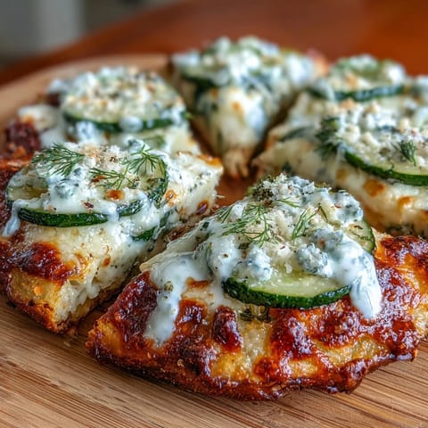 Golden pickle pizza with creamy ranch drizzle, a delicious American main dish.
