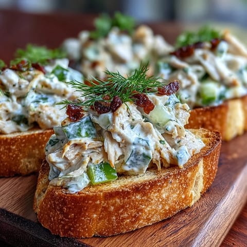 Crispy toasts piled high with zesty, spicy pickle chicken salad.