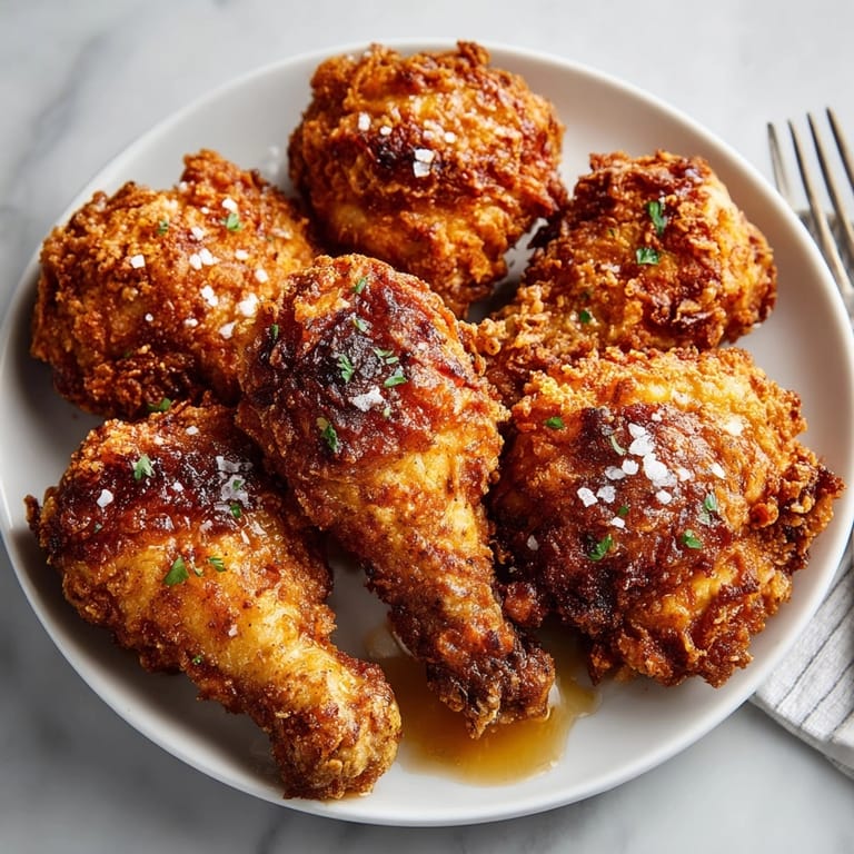 Crispy and flavorful pickle brined fried chicken served with a sweet honey drizzle, perfect for dinner tonight.