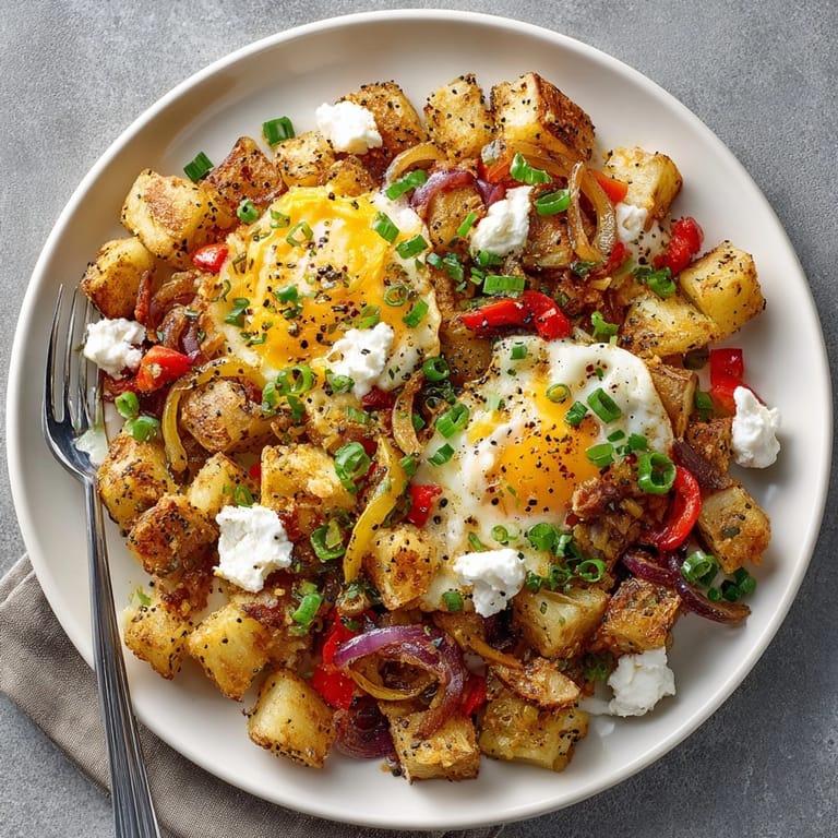 Golden-brown Everything Bagel Breakfast Hash, a vegetarian breakfast bursting with flavors and textures, served hot.