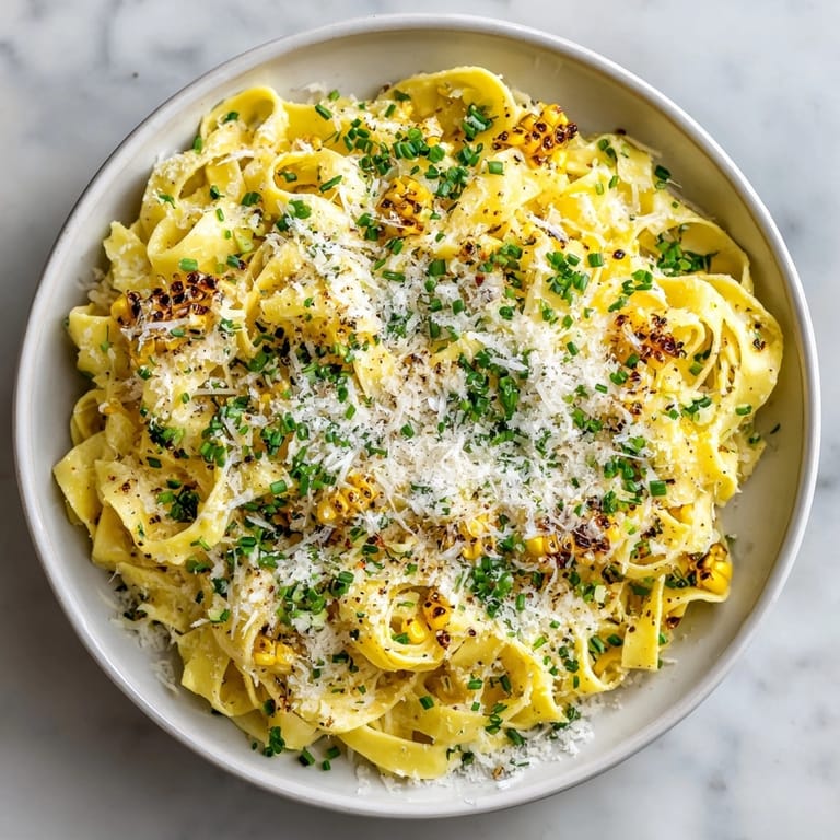 A close-up of Corn Silk Pasta featuring a char-kissed corn kernel pop and parmesan.