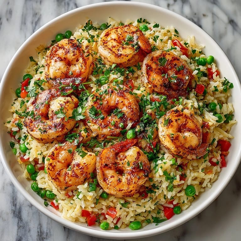 Golden rice pilaf with juicy shrimp, peas, and bell peppers, brightened with fresh lemon wedges.