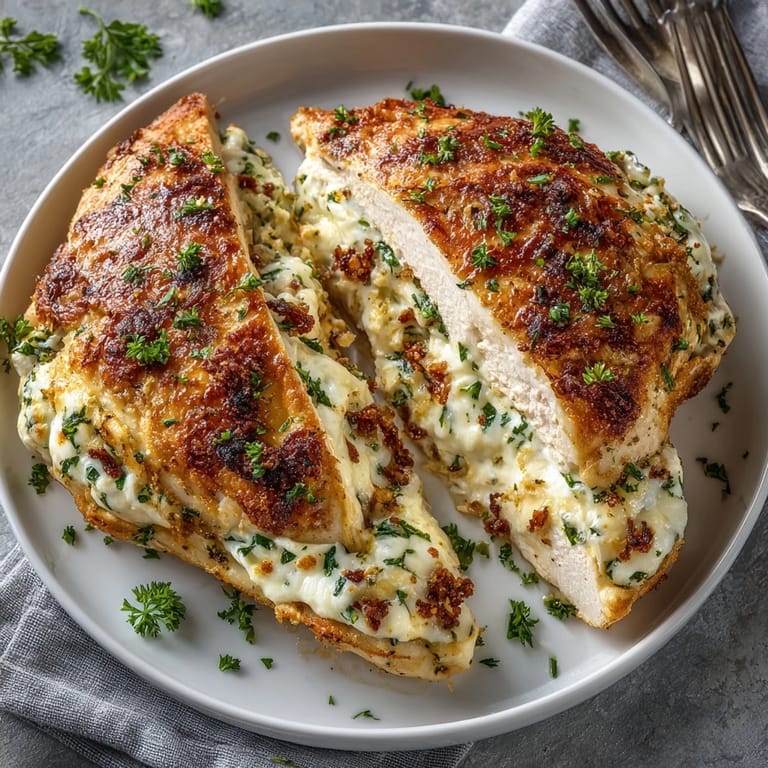 Juicy Stuffed Cheese Chicken Breast on a platter, cheese filling oozing, garnished with parsley.