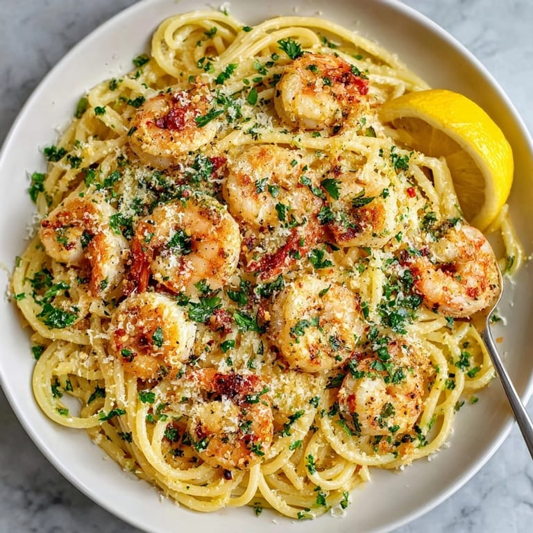 Creamy shrimp and garlic pasta served with lemon wedges and vibrant parsley garnish on a platter.