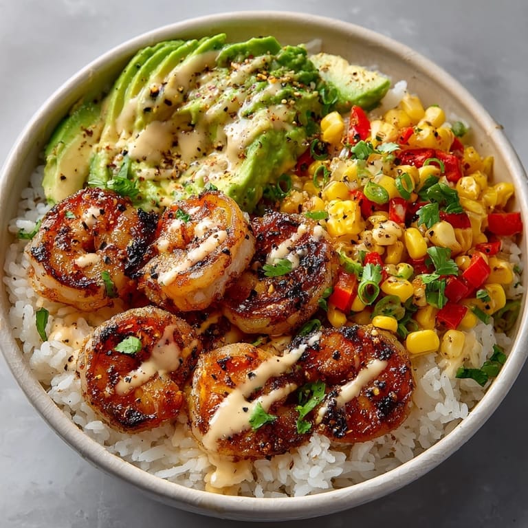 Colorful Grilled Shrimp Bowl topped with avocado mash and corn salsa, perfect for summer dinners.