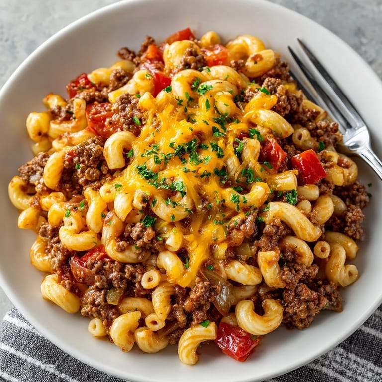 Hearty Grandma’s Goulash featuring tender beef, elbow macaroni, and rich, tomato-based sauce beside cheddar.
