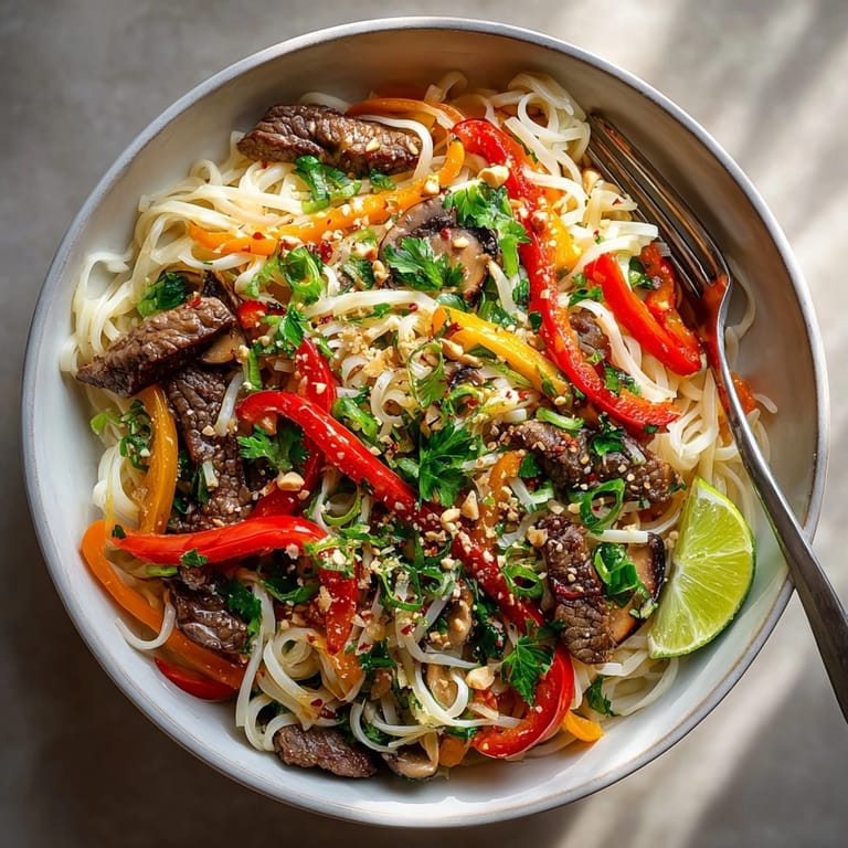 Chopsticks lifting saucy Hoisin Beef Noodles, featuring vibrant vegetables and fragrant herbs.