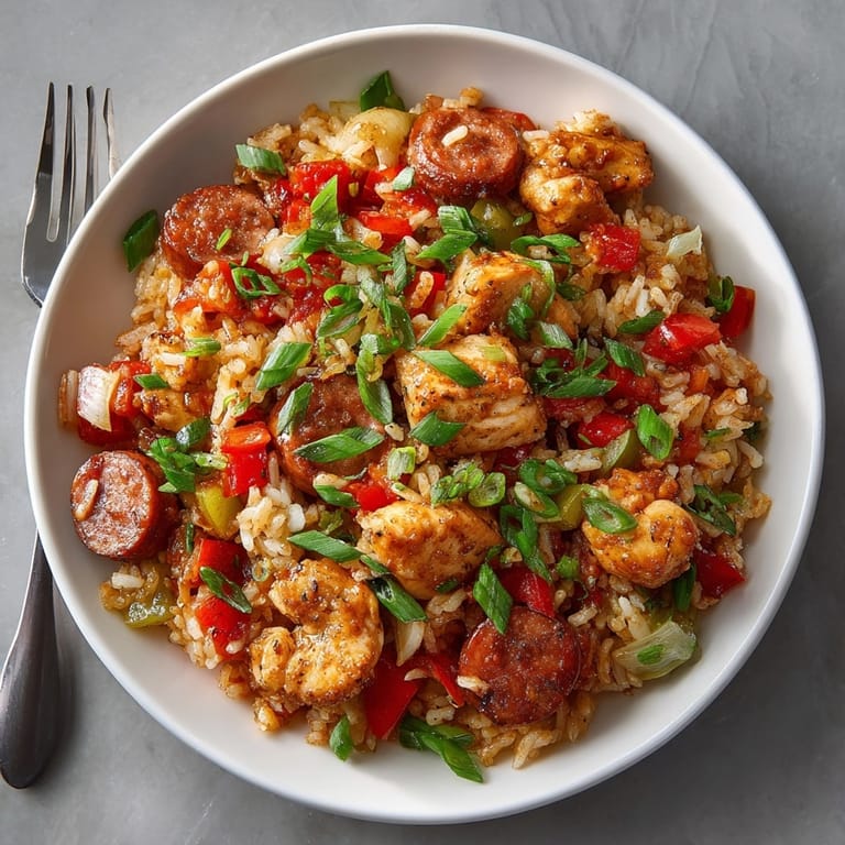 A comforting plate of slow cooker chicken jambalaya featuring tender chicken, rice, and bold spices.
