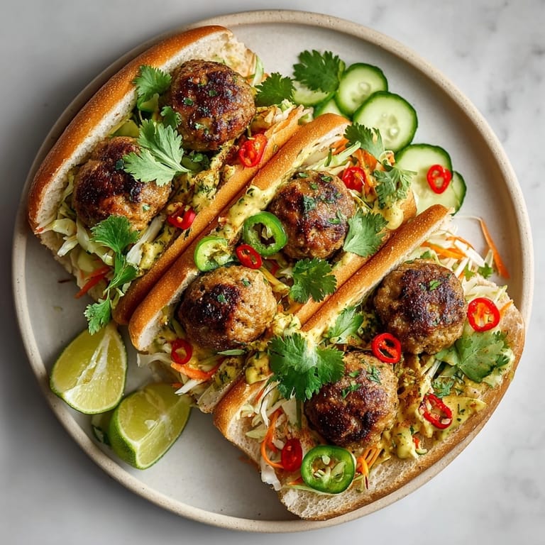 Close up of flavorful Thai Curry Meatball Sub loaded with crunchy, fresh vegetables.
