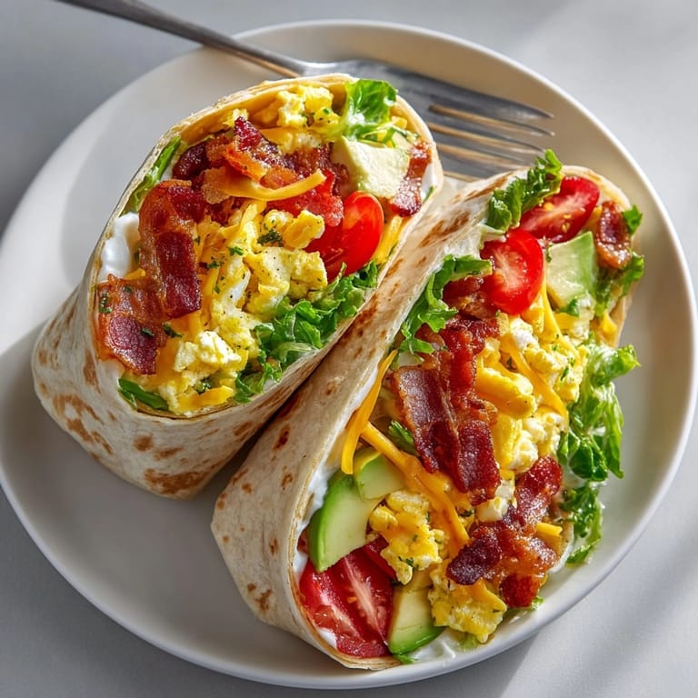 Savory U.S. recipe photo: a delicious, rolled-up Avocado BLT Breakfast Wrap, cut in half.