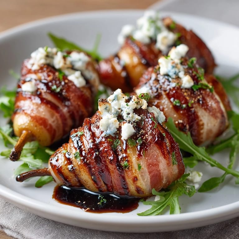 Easy Prosciutto-Wrapped Pears recipe—salty, sweet goodness plated with peppery arugula garnish.