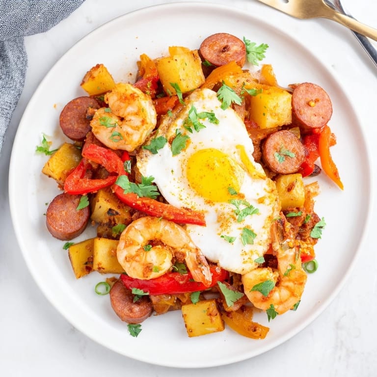Close-up of a hearty Shrimp Chorizo Breakfast Skillet, garnished with fresh cilantro.