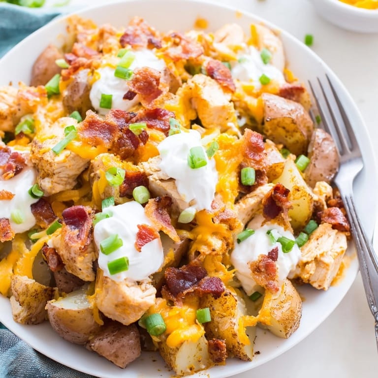 Close-up of cheesy Cajun Chicken Loaded Potato Bake, topped with cool sour cream.
