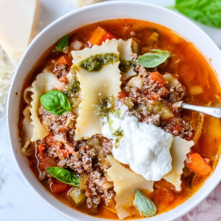 Savory lasagne soup featuring cheese and a vibrant pesto swirl on top.