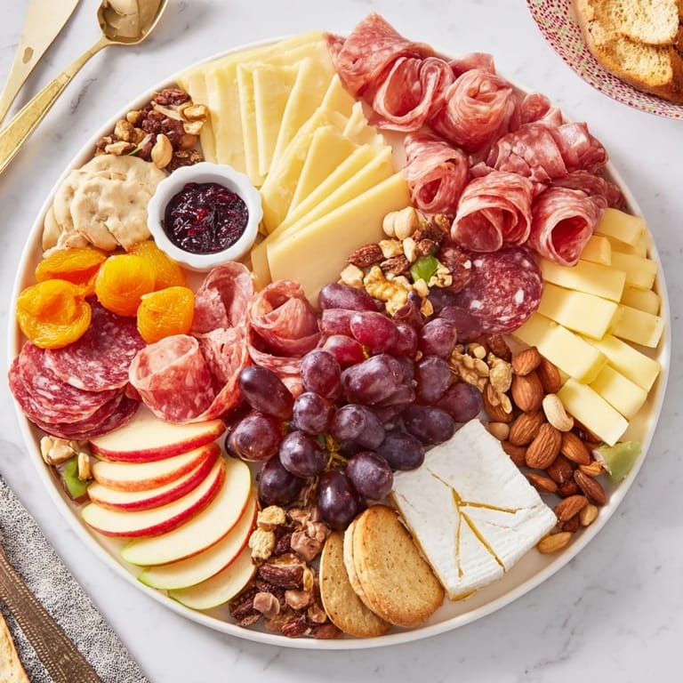 Delicious charcuterie board with fresh fruits, rich cheeses, and colorful ube macarons.