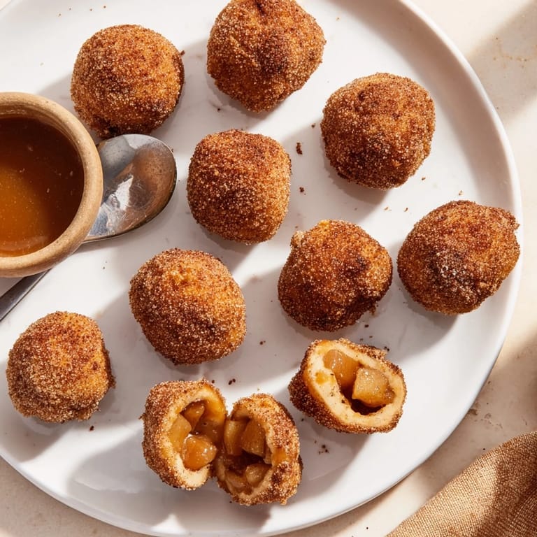 Delicious bite-sized caramel apple churro balls served with warm caramel dipping sauce.  