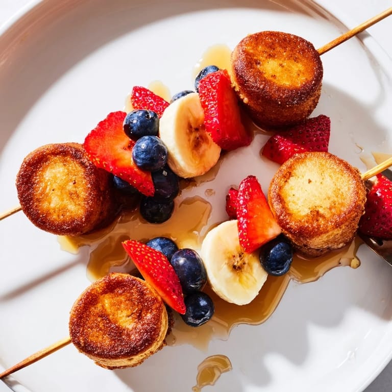 Mini pancake muffins on skewers, infused with maple and bourbon flavors, ideal for brunch.  