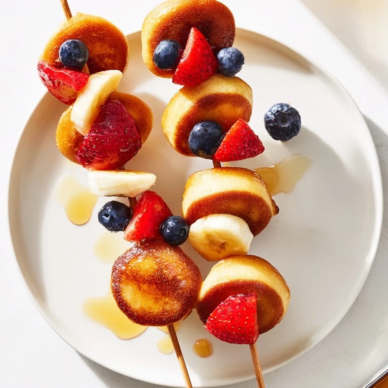 Delicious Maple Bourbon Pancake Muffin Skewers served warm with a side of maple syrup.