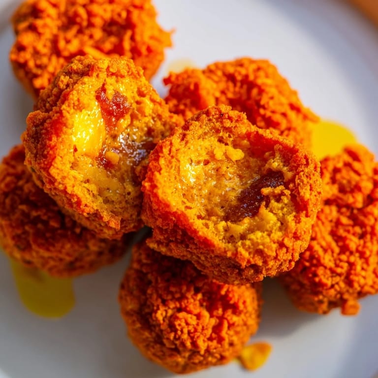 Golden pumpkin biscuit bites covered in Flamin Hot Cheetos, ideal for snack lovers.  