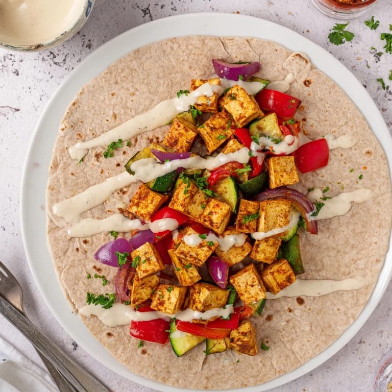 Colorful tortillas filled with tofu, fresh vegetables, and tangy tahini-yogurt sauce.