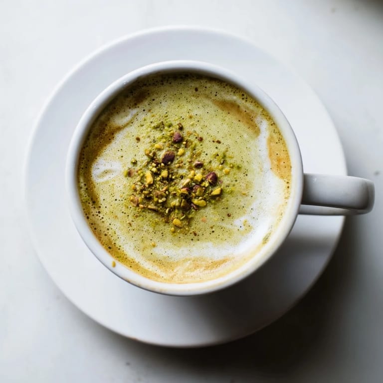 Rich and frothy pistachio milk latte garnished with walnuts, a cozy beverage treat.