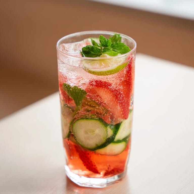A vibrant pitcher of water-based mocktails infused with fresh strawberries and lime.  