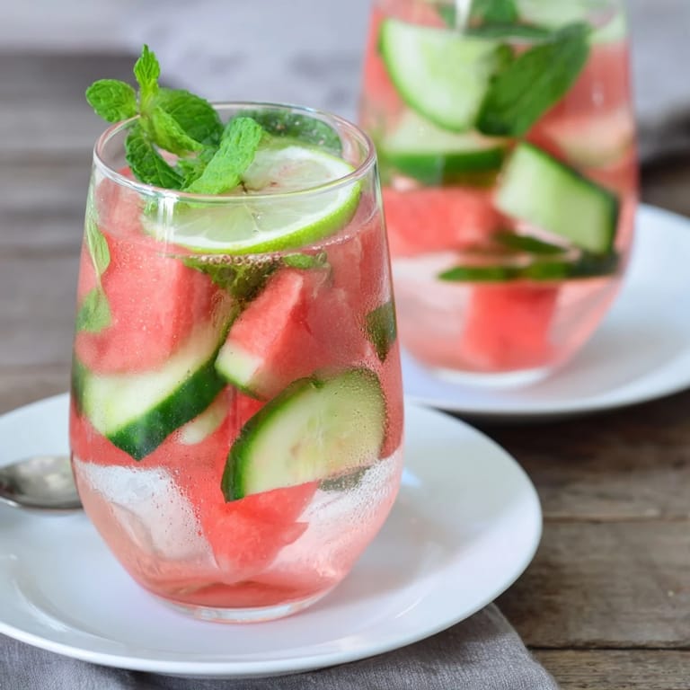 Chilled water-based mocktails adorned with edible flowers and cucumber slices for garnish.