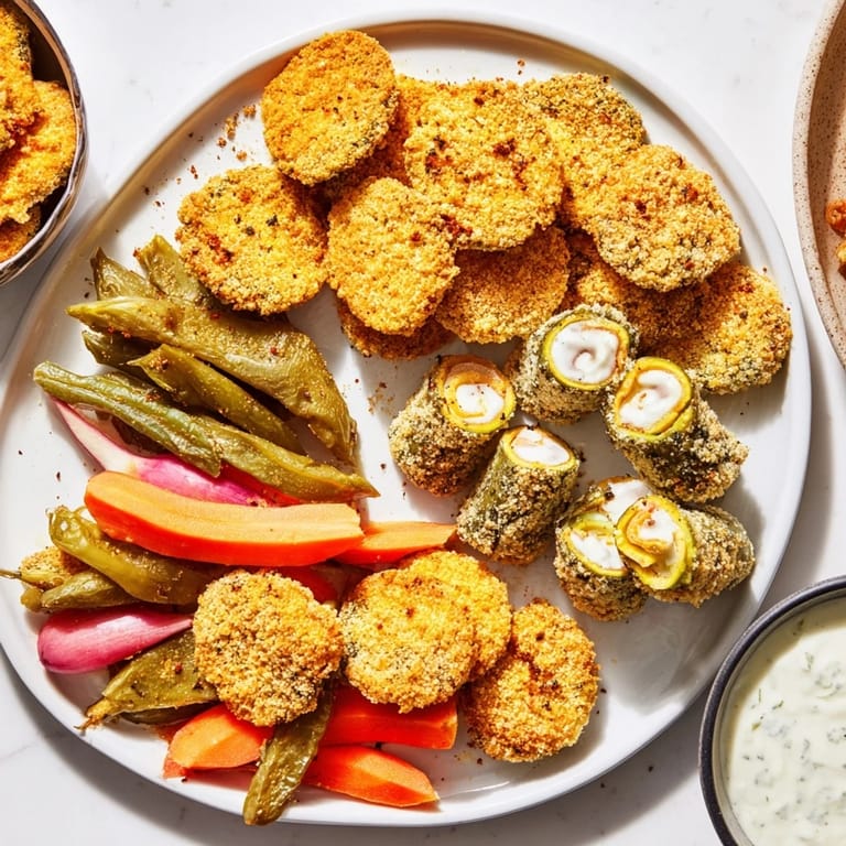 Savory and tangy pickle lovers meal featuring crispy fried pickles and assorted pickled veggies.
