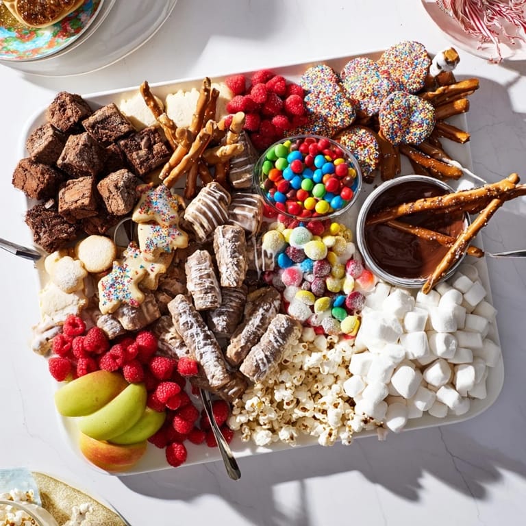 An inviting arrangement of holiday-themed snacks and fresh fruits on a wooden board.