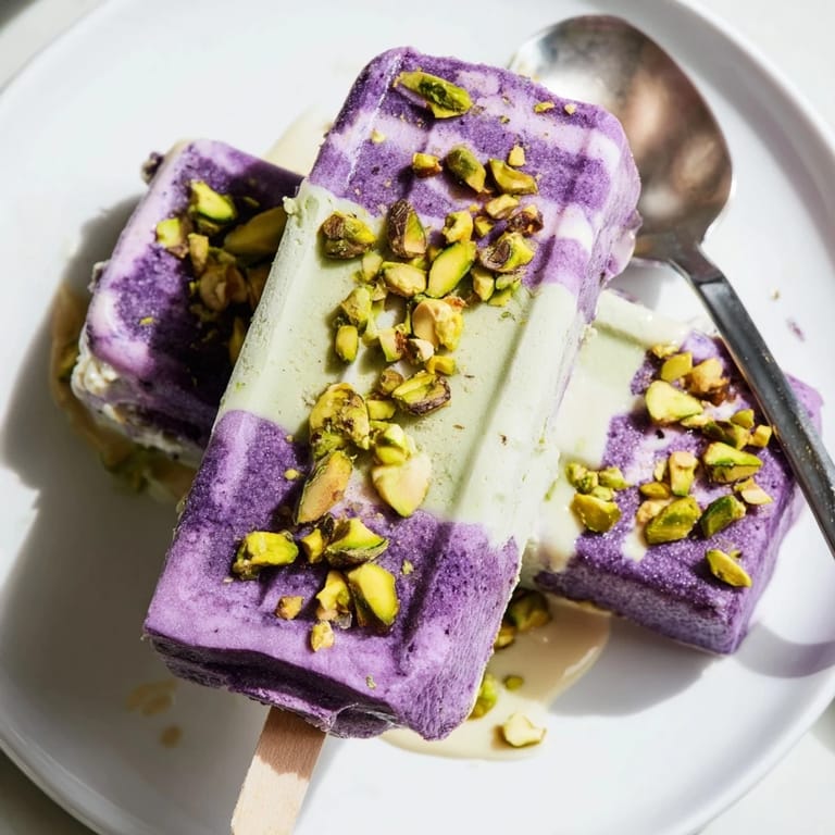 Vibrant ube and nutty pistachio ice cream bars, a refreshing sweet treat.