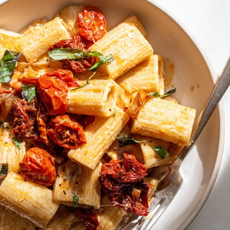 Warm Baked Feta Pasta dish showcasing a golden feta with juicy cherry tomatoes.  